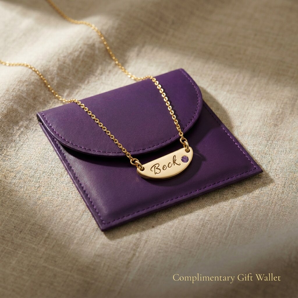 Beck name necklace displayed with jewelry gift wallet packaging