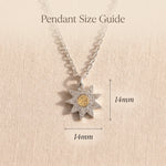 Beginning necklace size guide showing pendant dimensions and delicate sun detail