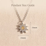 Beginning necklace size guide showing pendant dimensions and delicate sun detail