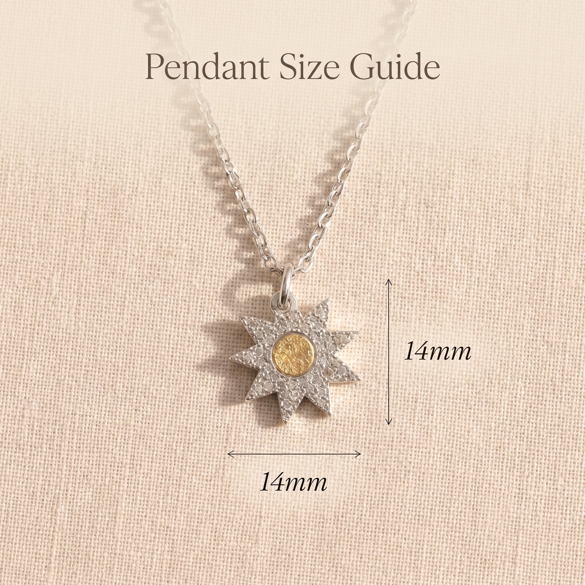 Beginning necklace size guide showing pendant dimensions and delicate sun detail