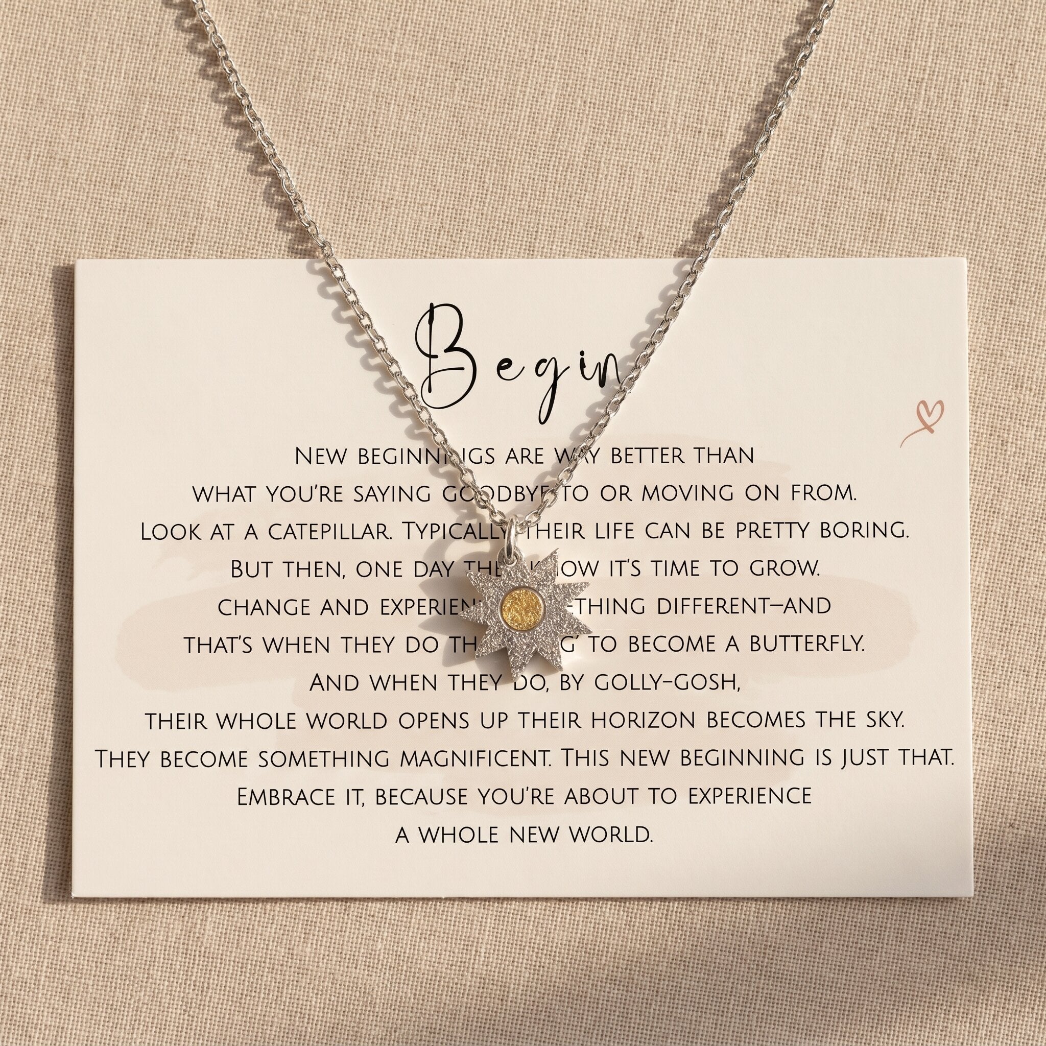 Beginning necklace with inspired card message, meaningful jewellery for new beginnings and keepsake gift