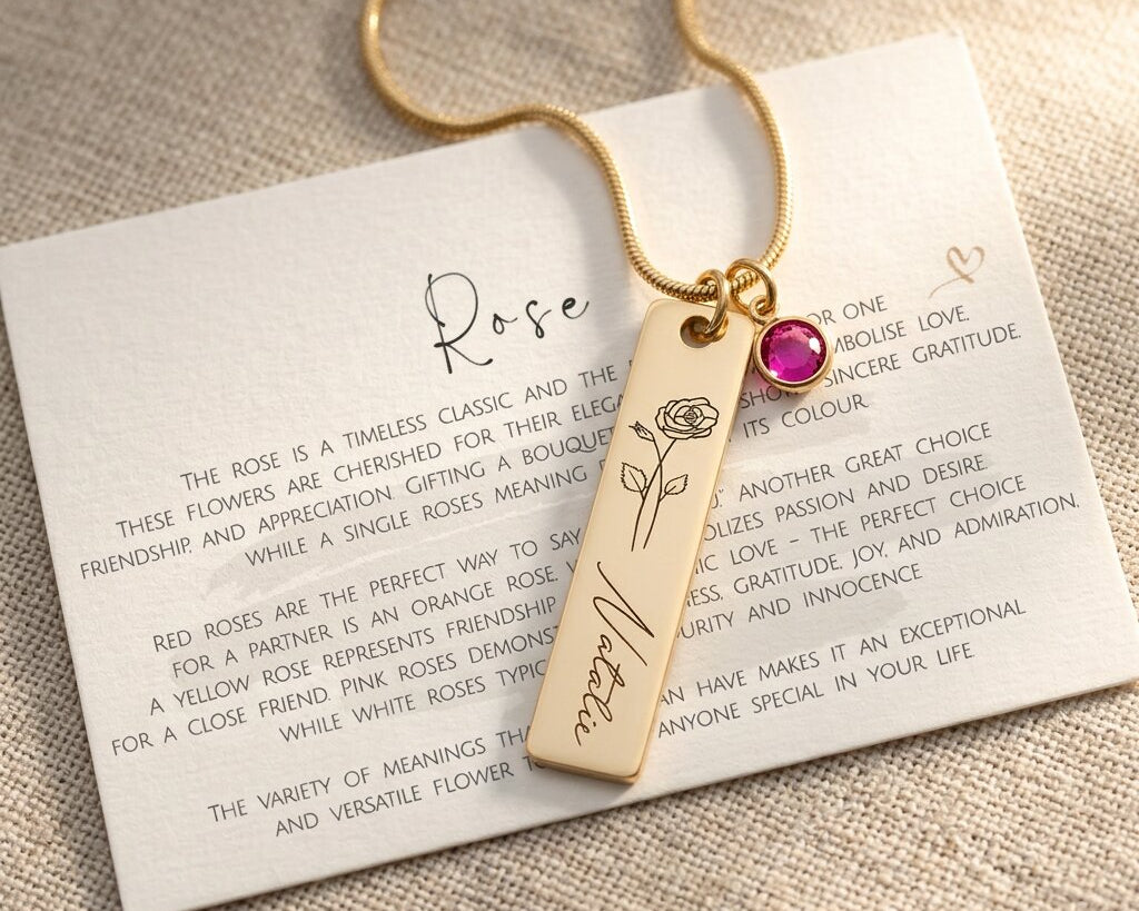 Gold birthflower personalised necklace with engraved bar pendant, birthstone charm and meaningful card