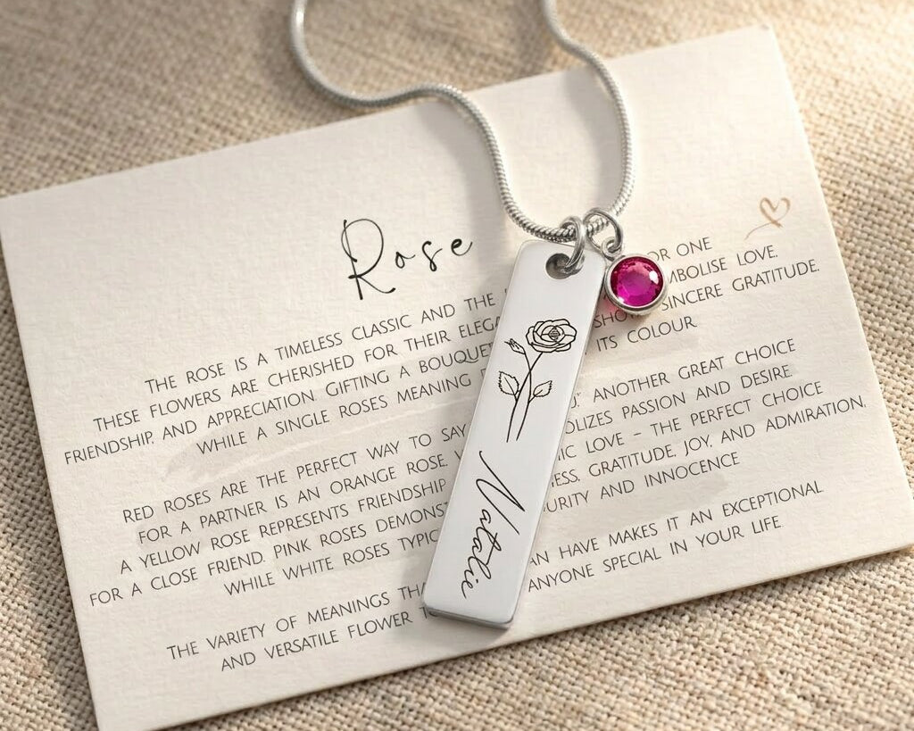 Silver birthflower necklace with engraved bar pendant and birthstone charm