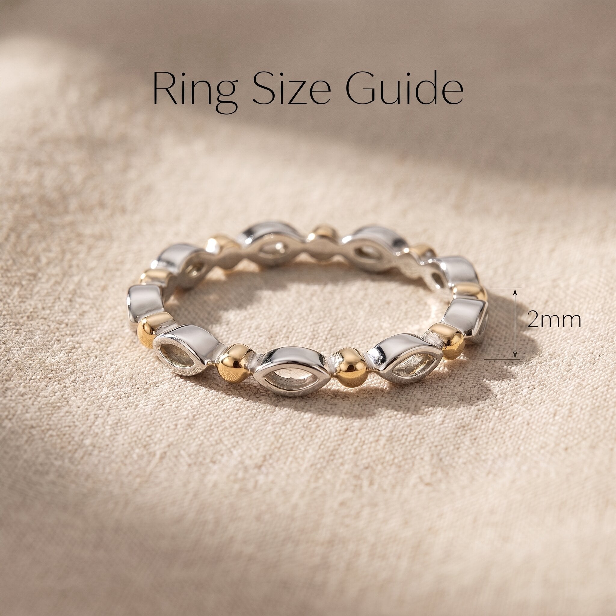 Blushing ring size guide showing band width and fit for stackable rings