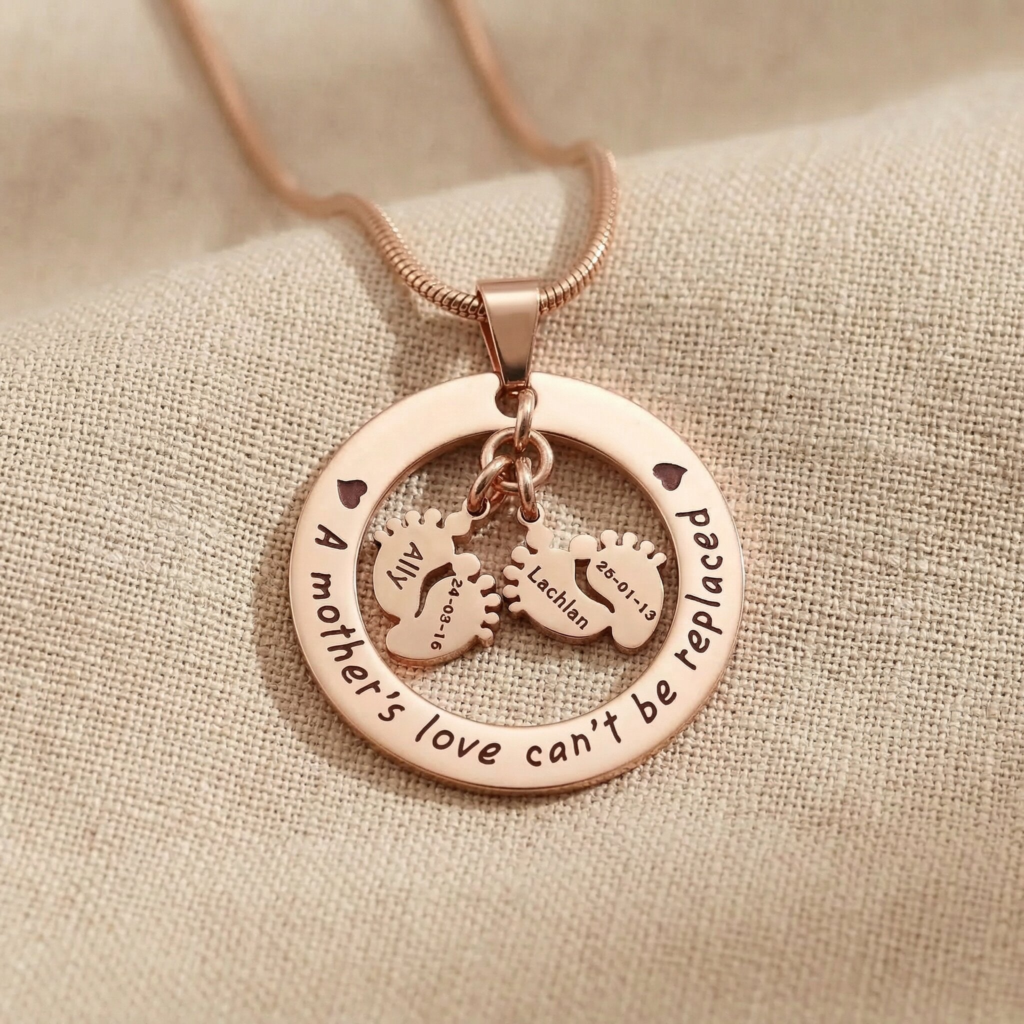 Can’t Be Replaced Necklace, personalized mother necklace with double feet charm insert