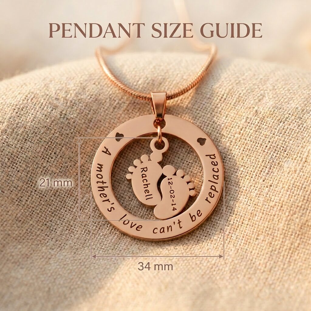 Can’t Be Replaced Necklace pendant size guide showing pendant with baby feet charm and dimensions