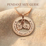 Can’t Be Replaced Necklace size guide showing sparkling pendant dimensions with double baby feet charm 