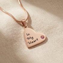 Children heart birthstone necklace in rose gold with engraved message and birthstone detail, meaningful mum keepsake gift