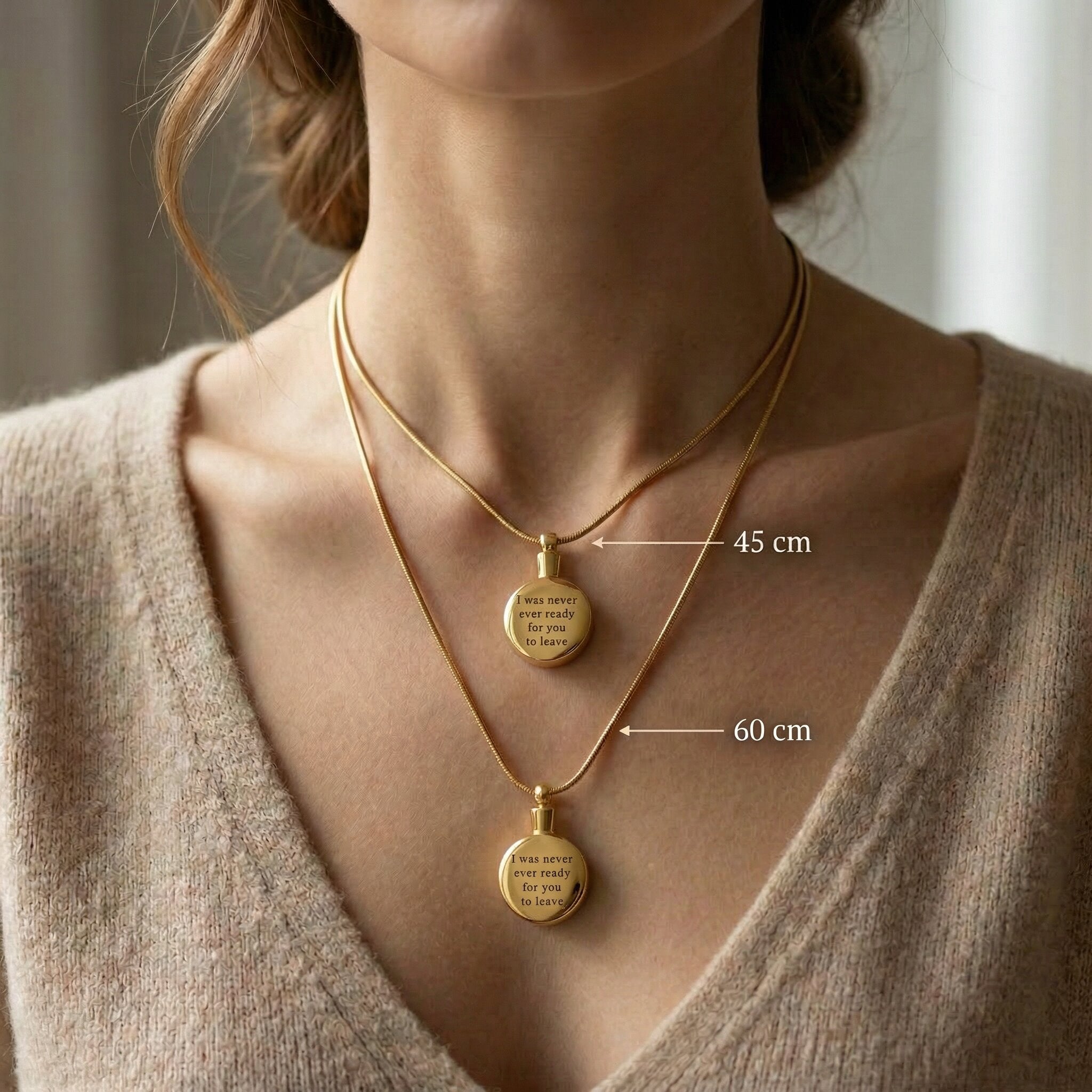 Chain length guide for circle cremation necklace showing adjustable necklace length options