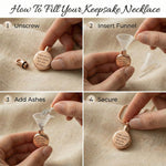 Instructions showing how to fill circle cremation necklace urn pendant with ashes