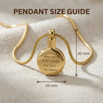 Pendant size guide for circle cremation necklace showing round urn pendant dimensions