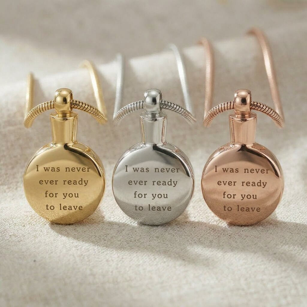 Circle cremation necklace in gold silver and rose gold finishes with round urn pendant