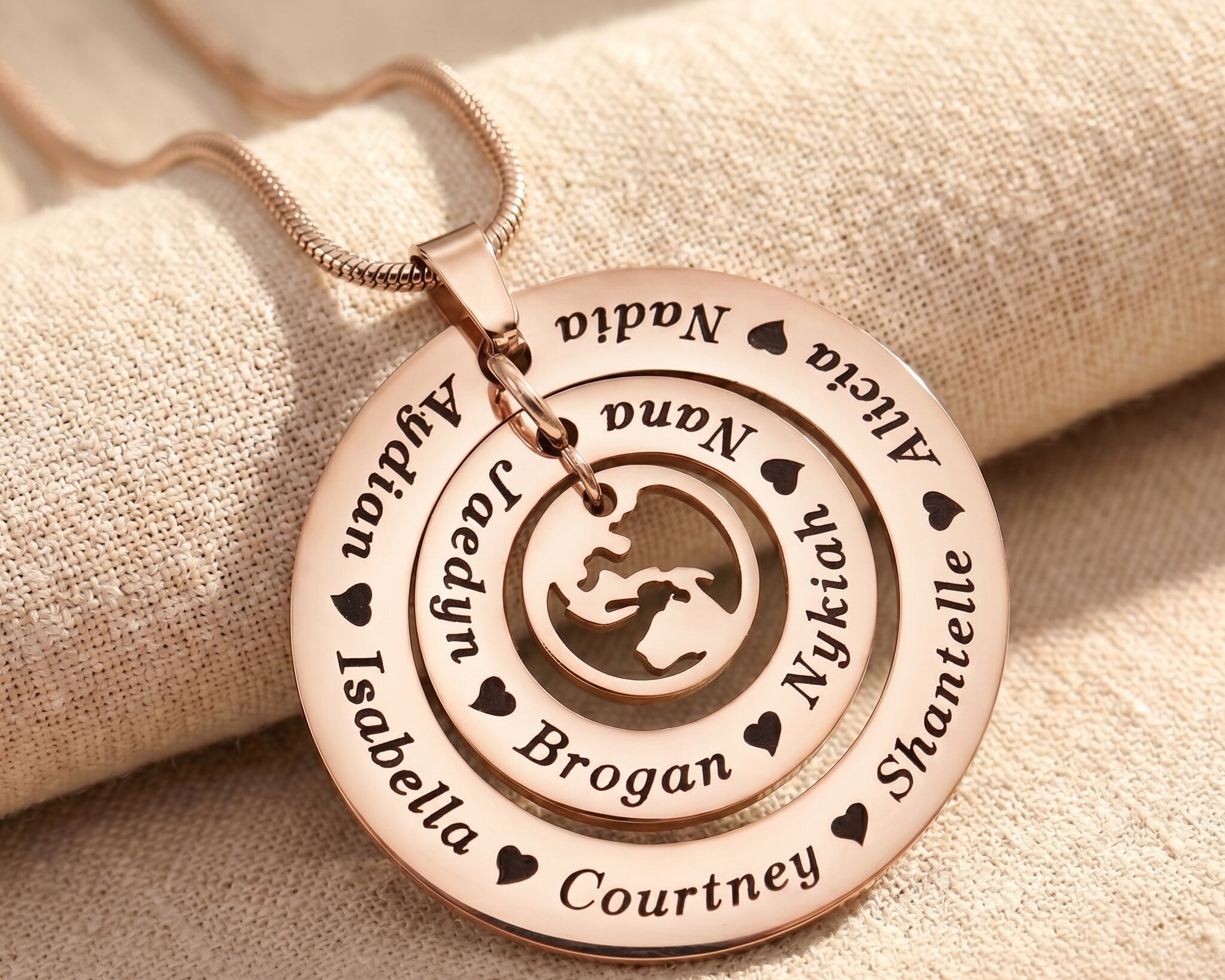 Circle of loved ones necklace with world charm insert, personalised family keepsake pendant