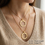 Woman wearing Circle of Trust Necklace showing chain length options for personalized pendant styling