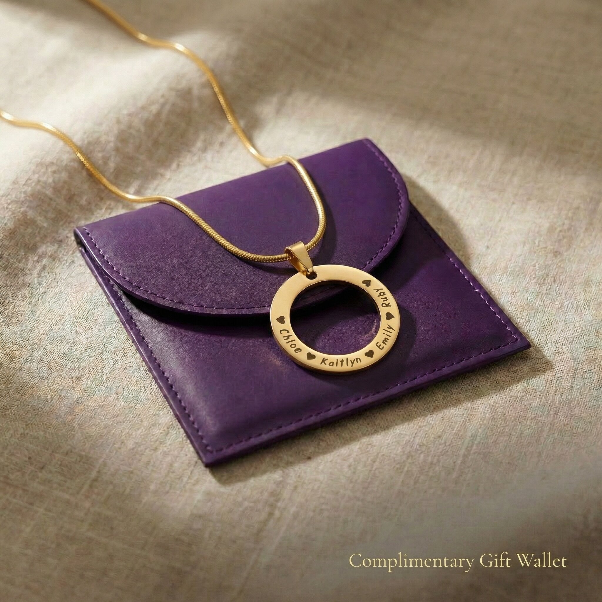 Circle of Trust Necklace personalized pendant displayed with gift wallet packaging perfect gift option