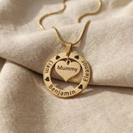 Gold Circle of Trust Necklace with engraved names and heart charm insert, elegant custom jewelry option