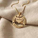Gold Circle of Trust Necklace with engraved names and heart charm insert, elegant custom jewelry option
