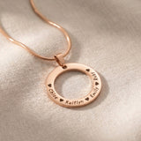 Circle of Trust Necklace rose gold personalized circle pendant with engraved names elegant jewelry piece