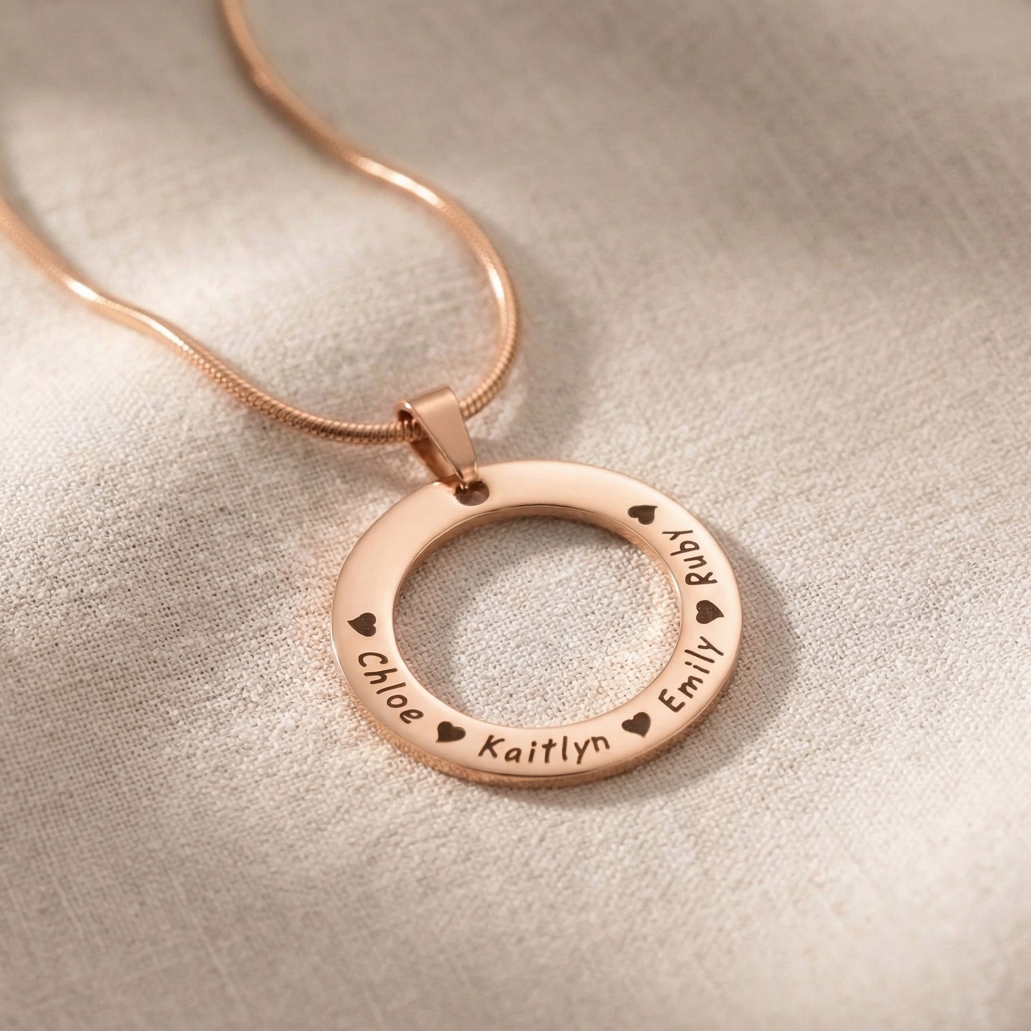 Circle of Trust Necklace rose gold personalized circle pendant with engraved names elegant jewelry piece