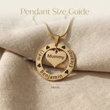 Circle of Trust Necklace size guide showing personalized circle pendant with heart charm insert dimensions
