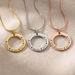 Circle of Trust Necklace tone comparison showing gold, silver and rose gold personalized circle pendants