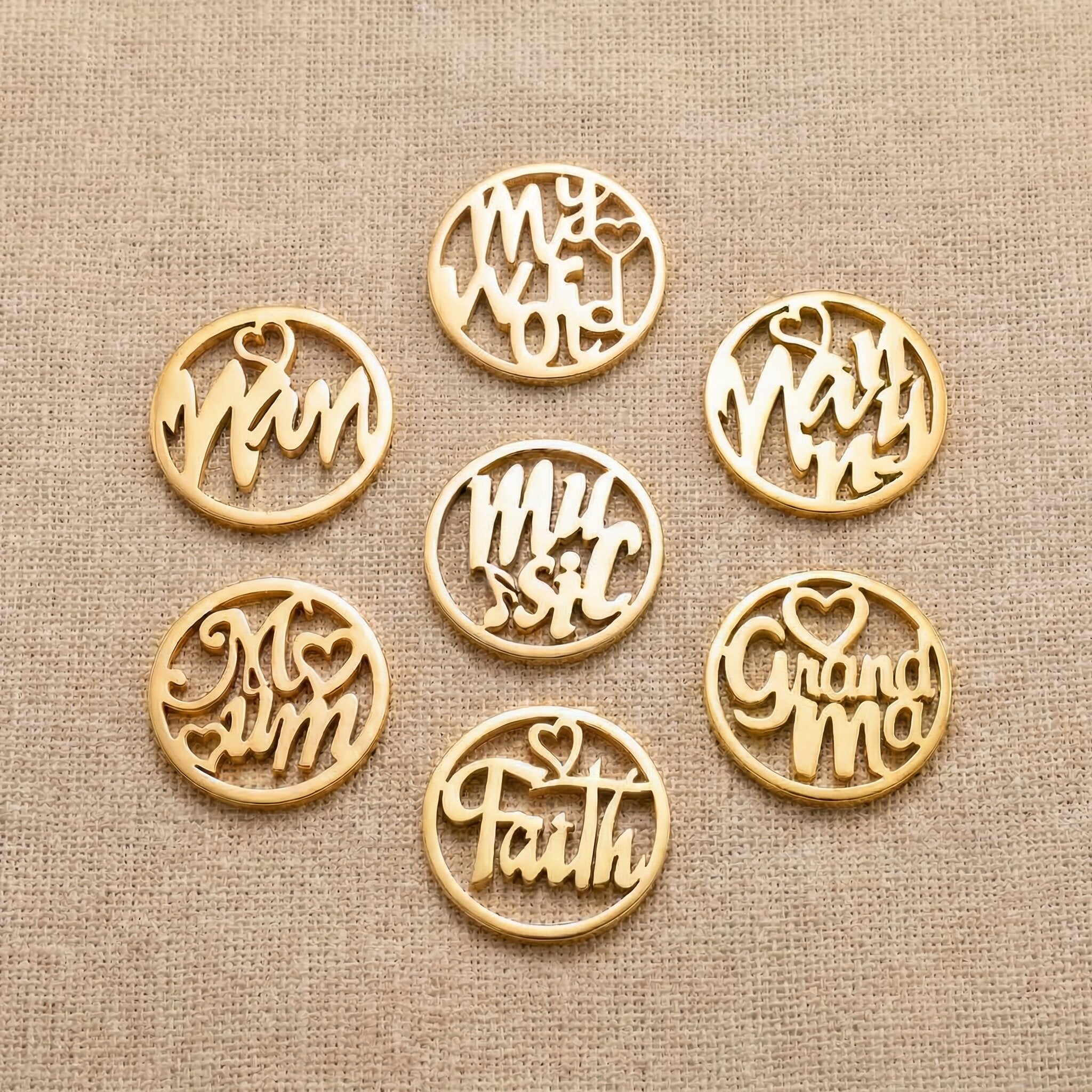 Circle of trust necklace centre charm options showing various word of insert, meaningful family jewellery 