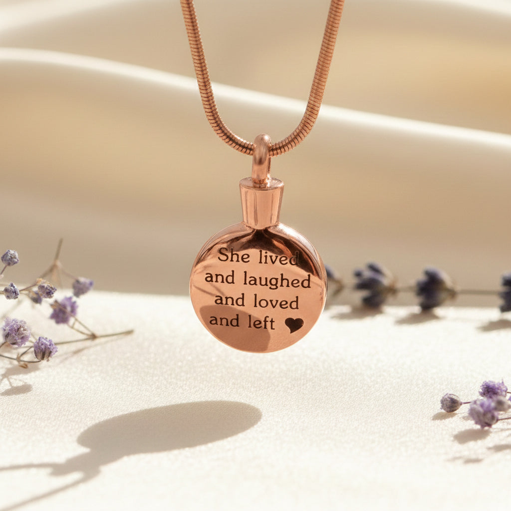 Circle Cremation Necklace by Belle Fever, personalised ashes pendant engraved with meaningful quote, luxury remembrance jewellery gift for sympathy and tribute.