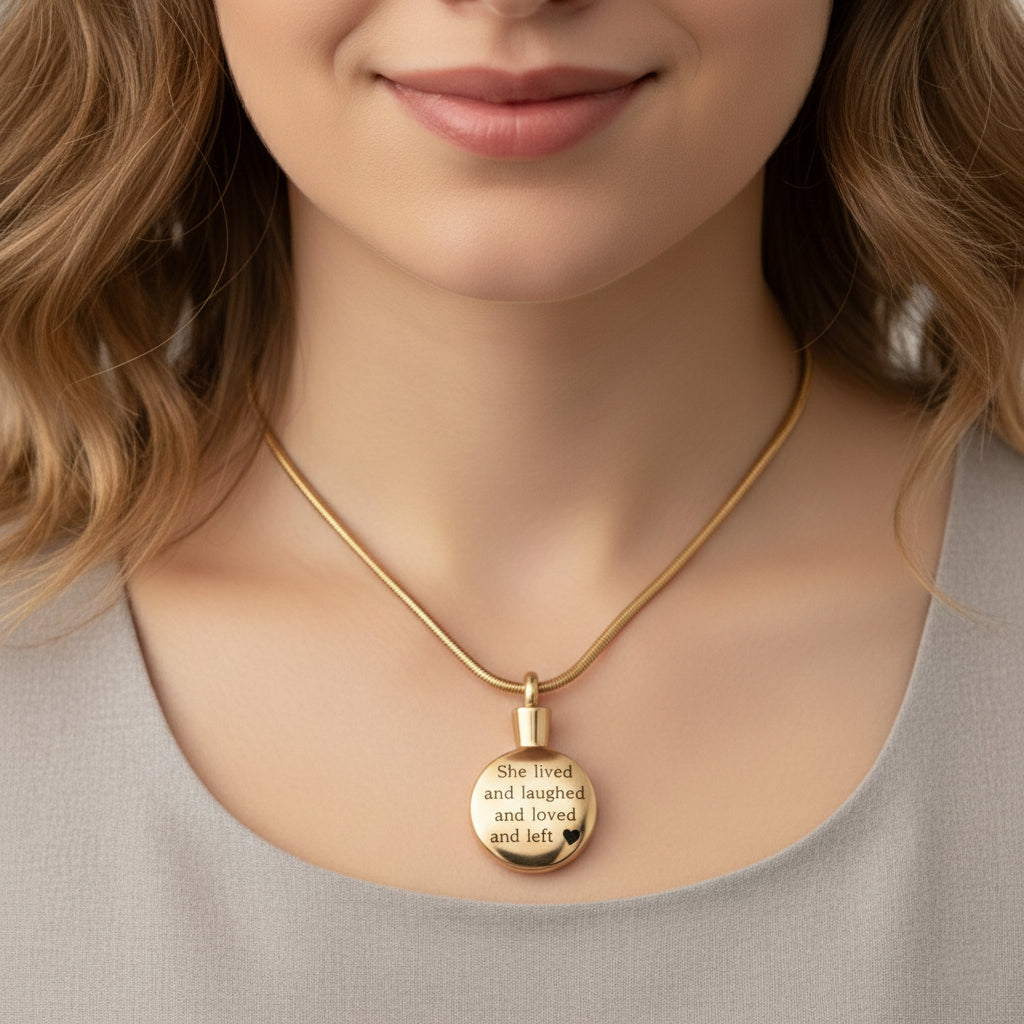 Belle Fever Circle Cremation Necklace worn on model, personalised ashes keepsake jewellery for remembrance.