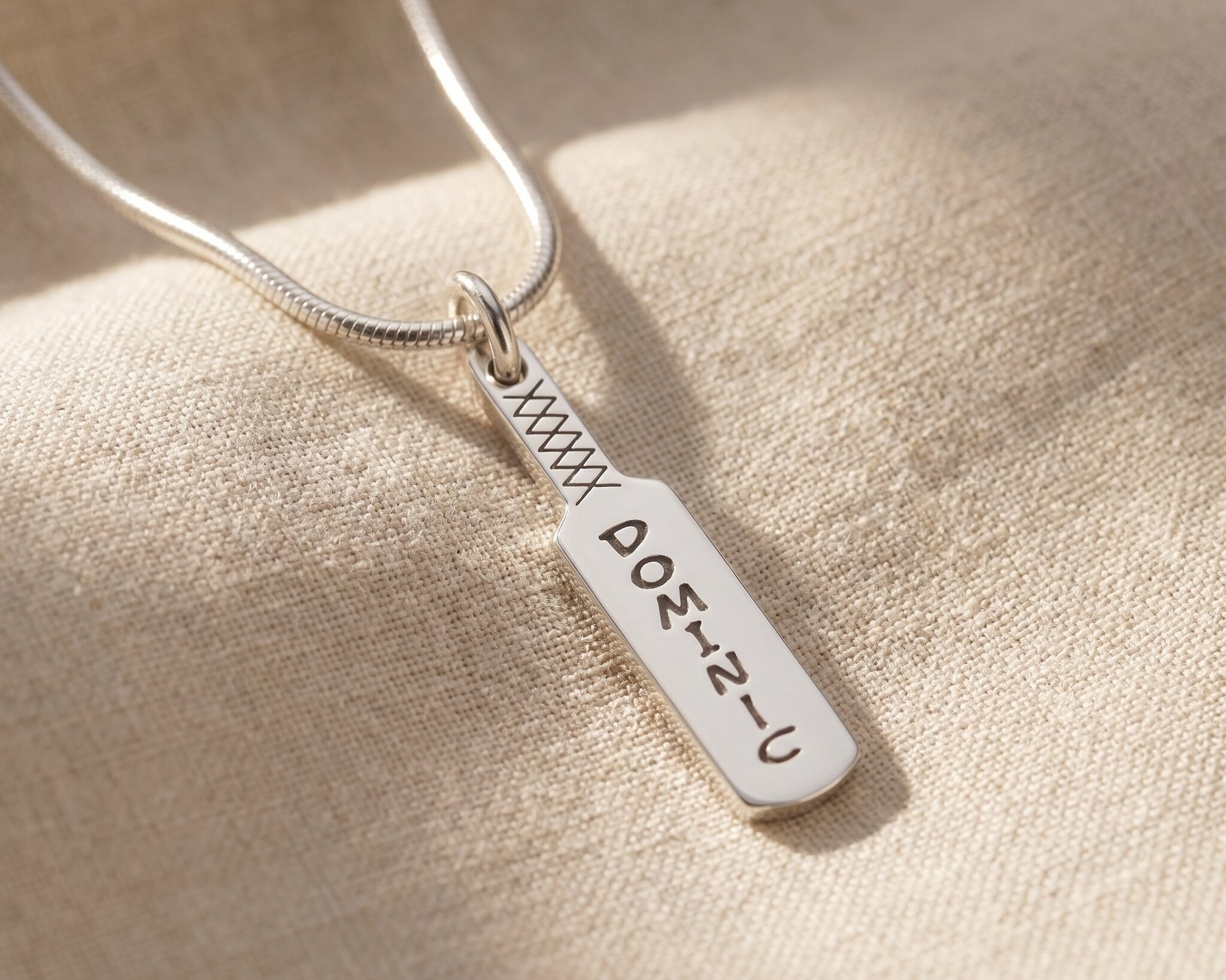 Cricket bat name necklace in silver with engraved name, personalised sporty jewellery design