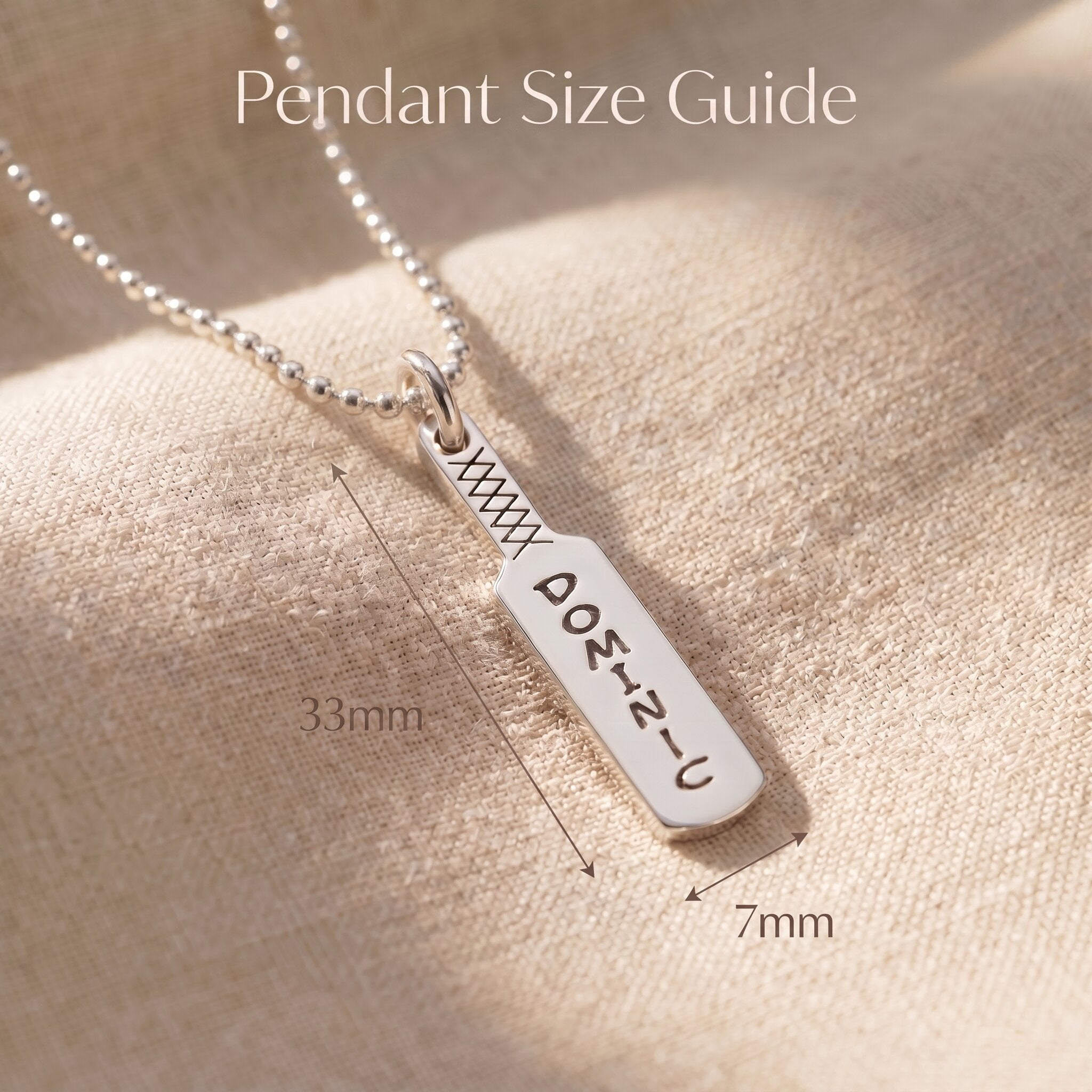 Cricket bat name necklace size guide showing pendant dimensions and chain length