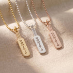 Cricket bat name necklace tone comparison showing gold, silver and rose gold finishes
