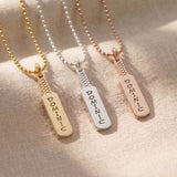 Cricket bat name necklace tone comparison showing gold, silver and rose gold finishes