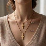 Chain length guide for cross name necklace showing adjustable necklace length options