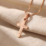 Rose gold cross name necklace with engraved name on cross pendant