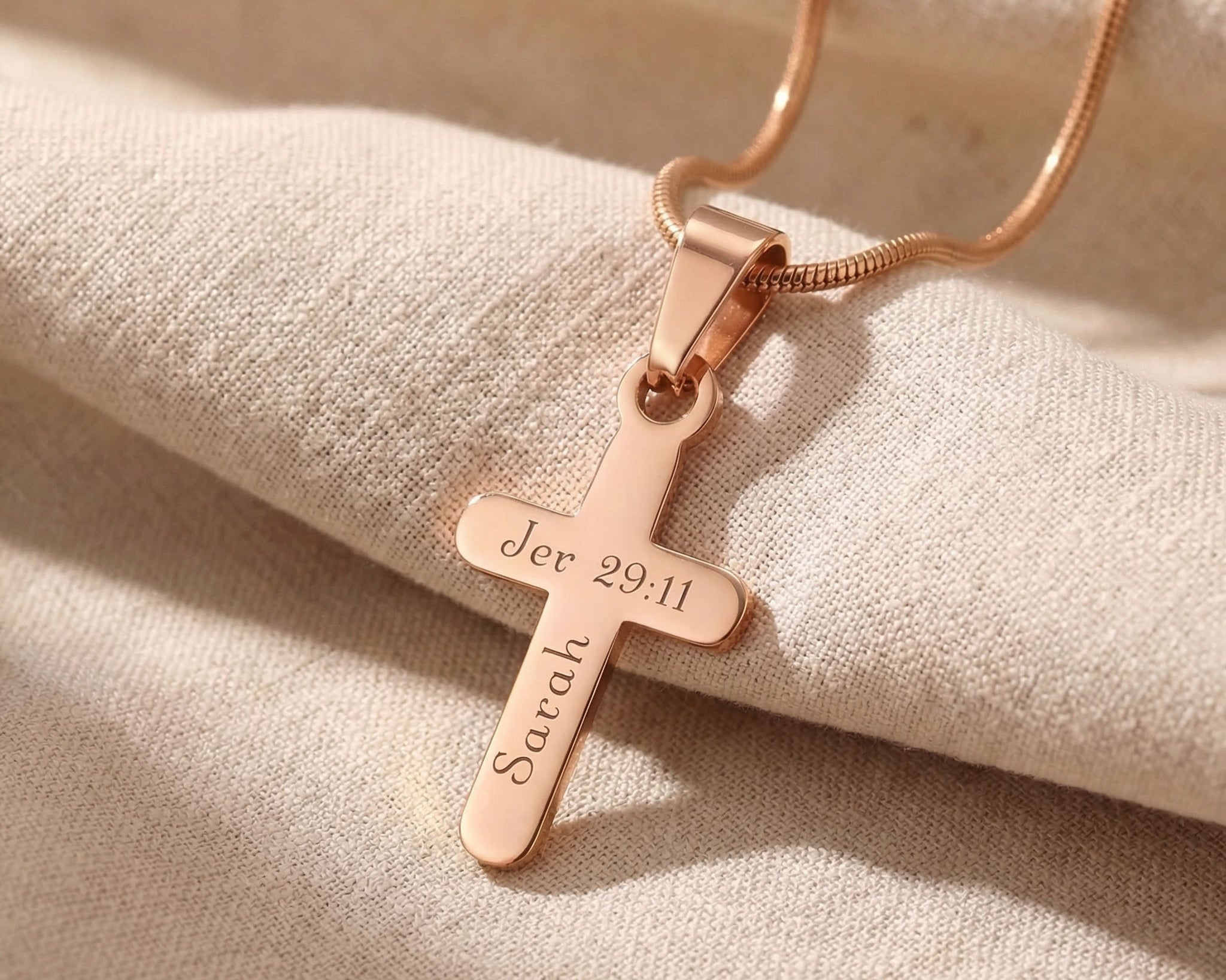 Rose gold cross name necklace with engraved name on cross pendant