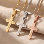 Cross name necklace in gold silver and rose gold finishes with engraved cross pendant