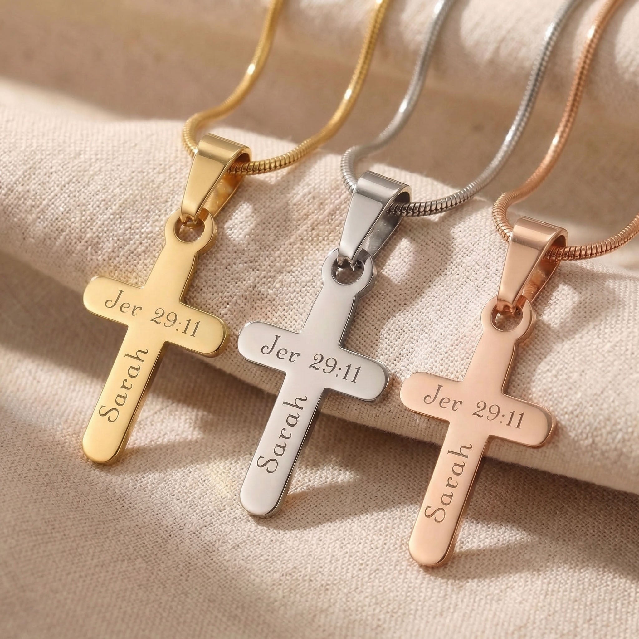 Cross name necklace in gold silver and rose gold finishes with engraved cross pendant