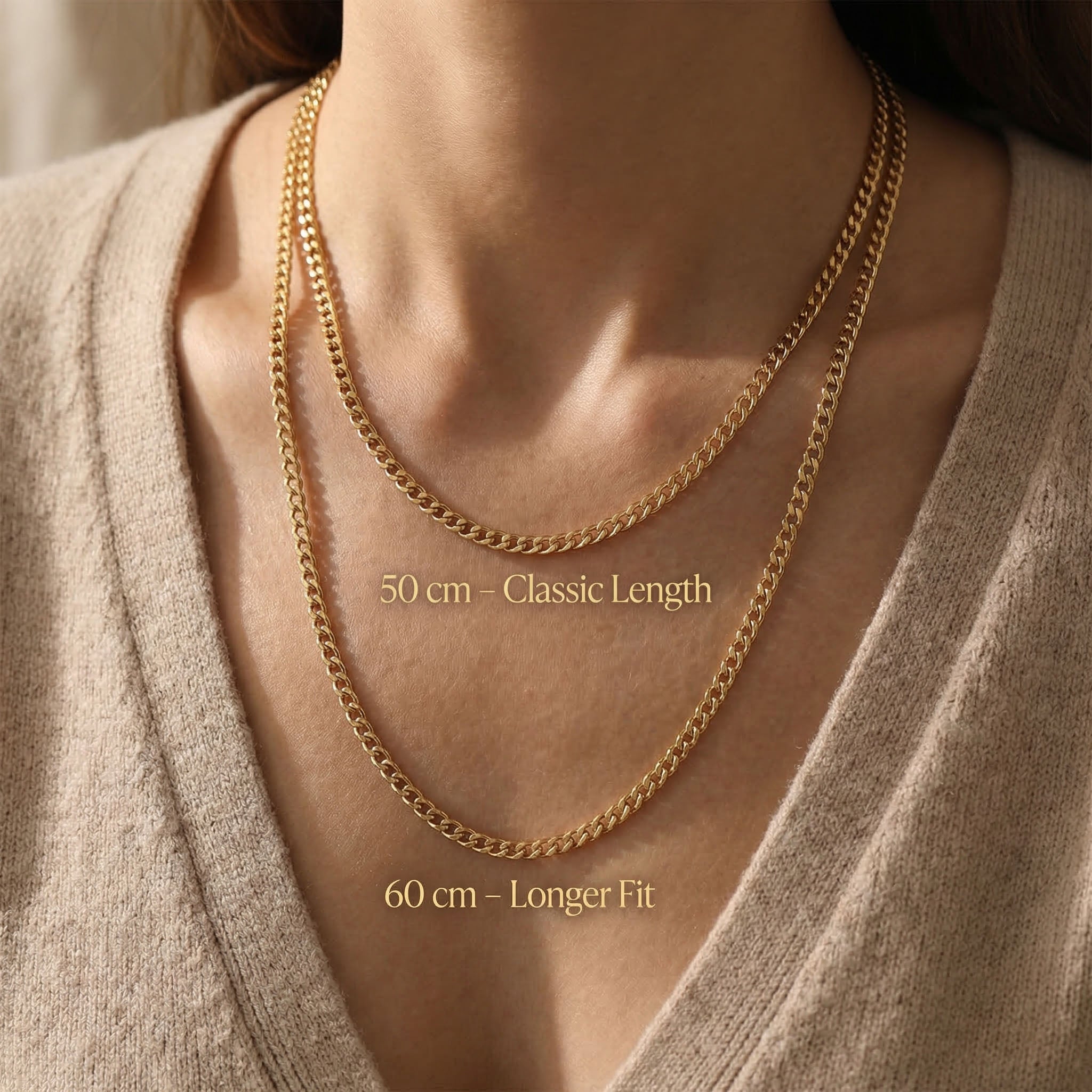 Curb chain necklace showing different chain length options