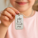 Custom Kids Drawing Dog Tag Necklace,  personalised pendant worn by a child, featuring engraved artwork