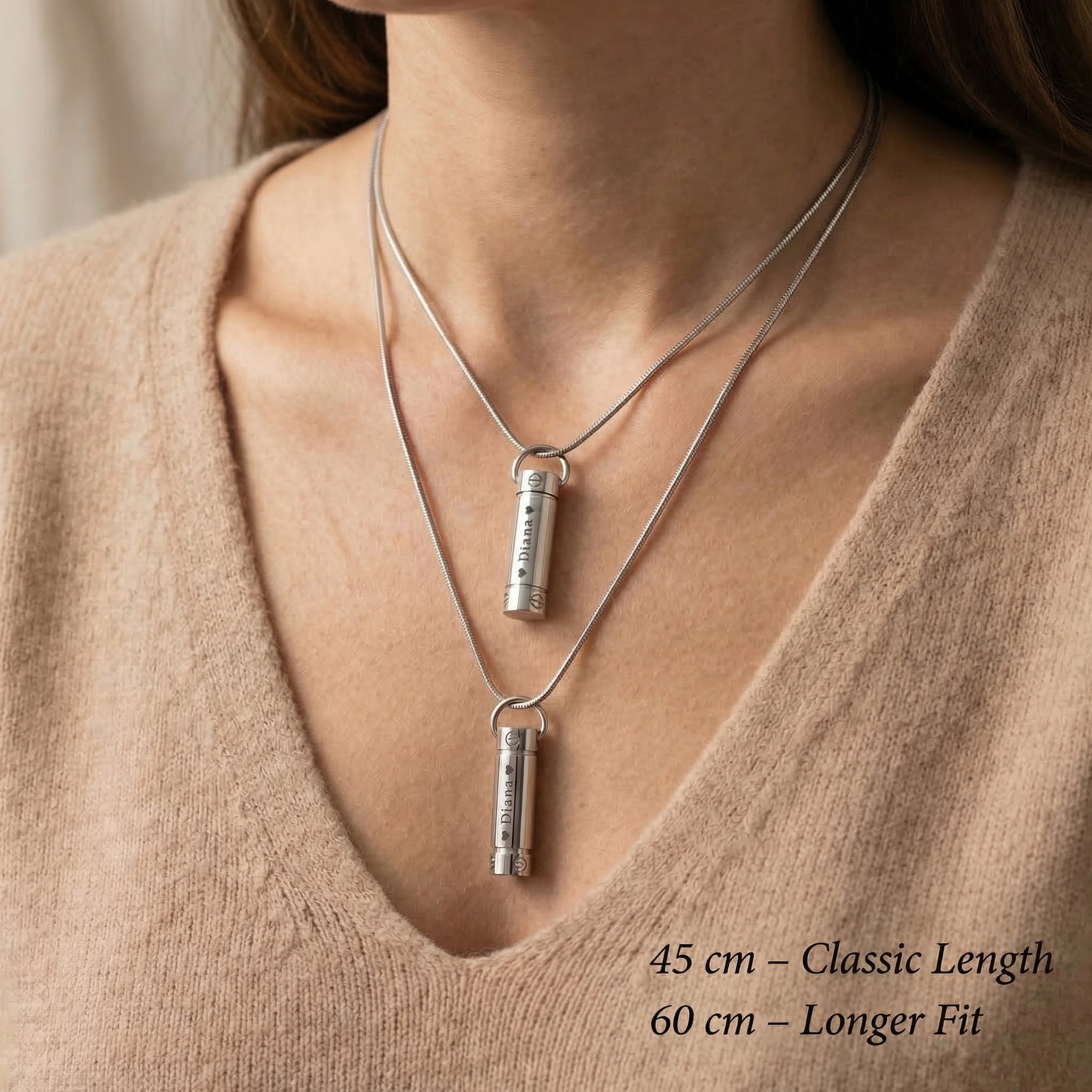 Chain length guide for cylinder cremation necklace showing adjustable necklace length options
