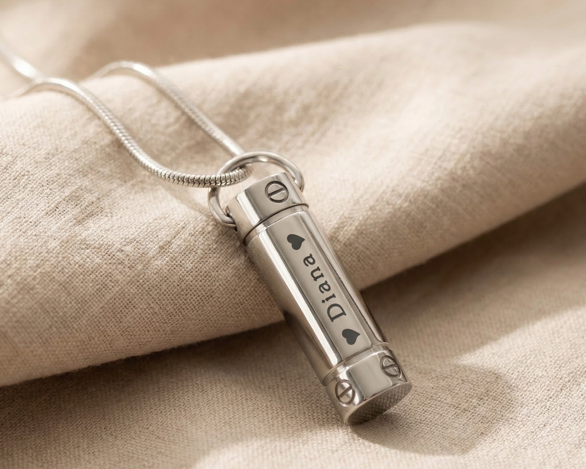 Silver cylinder cremation necklace with urn pendant for memorial ashes