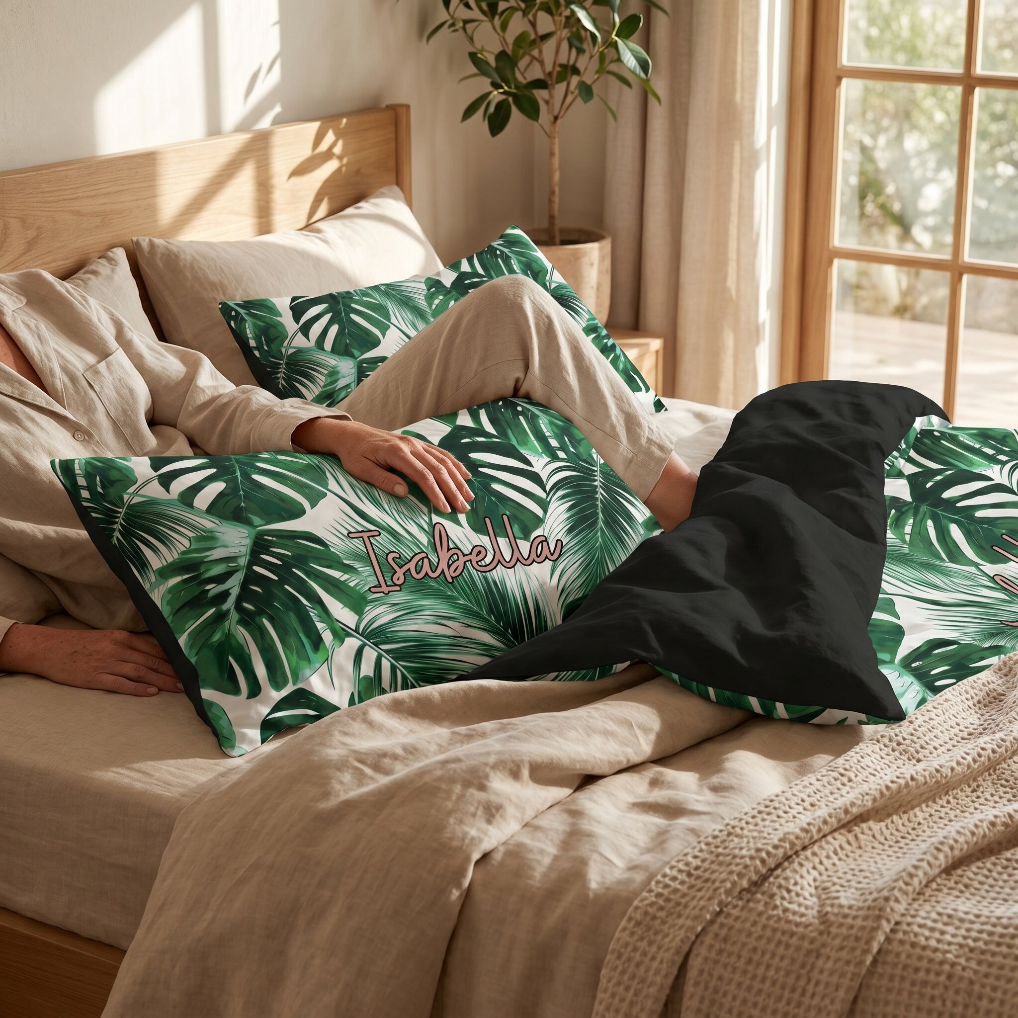 Styled bedroom with personalised doona cover set and matching pillowcase, custom printed bedding décor