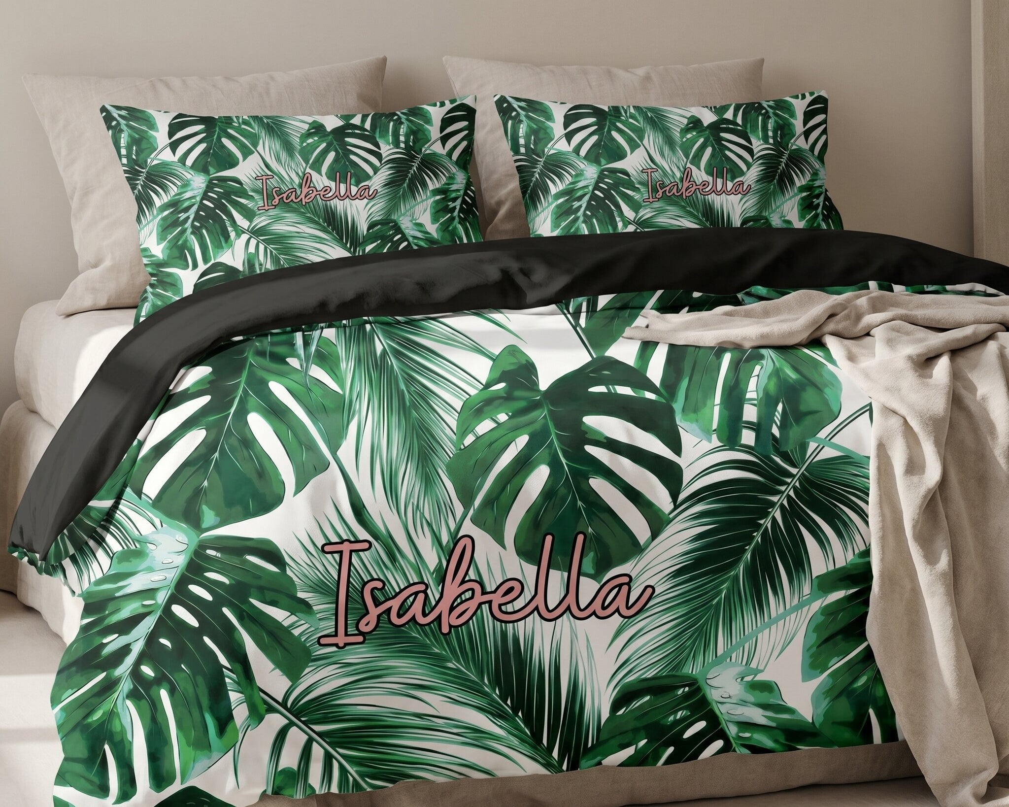 Complete personalised doona cover set with matching pillowcase and custom printed bedding design