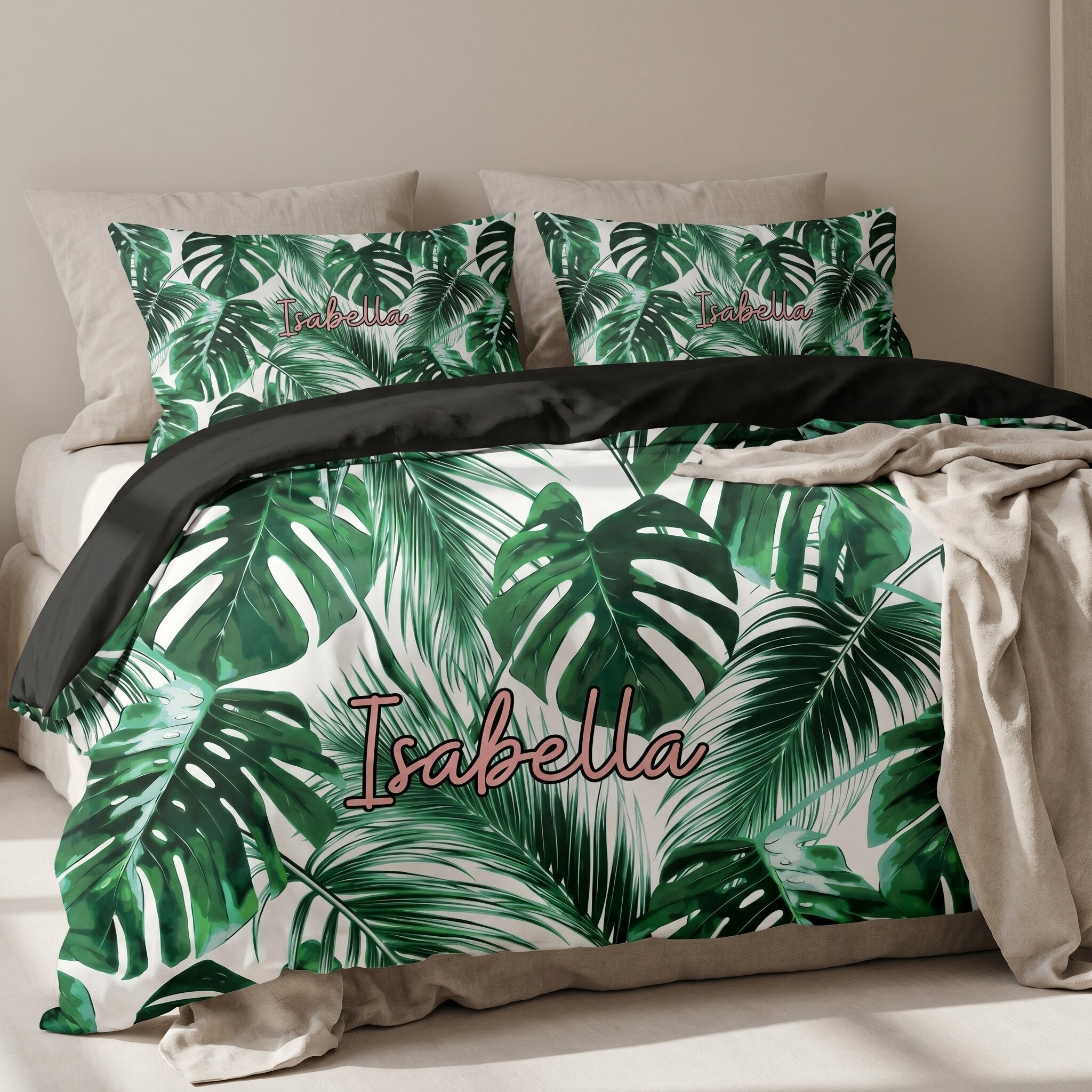 Complete personalised doona cover set with matching pillowcase and custom printed bedding design