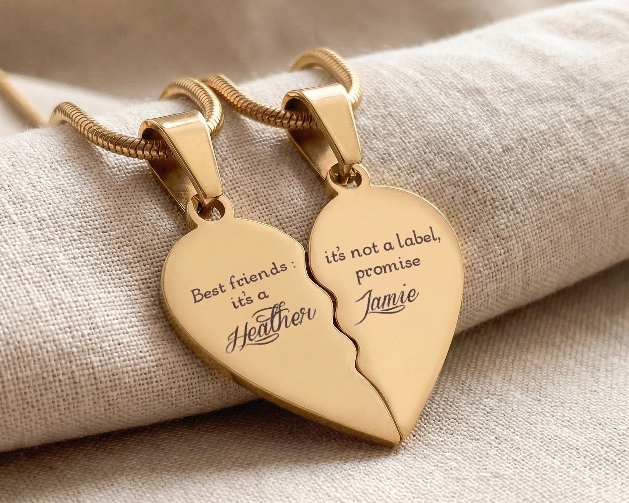 Double Heart Puzzle Necklace set in gold with engraved message, best friend keepsake gift