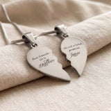 Double Heart Puzzle Necklace set showing two silver puzzle pieces pendants with custom engraved