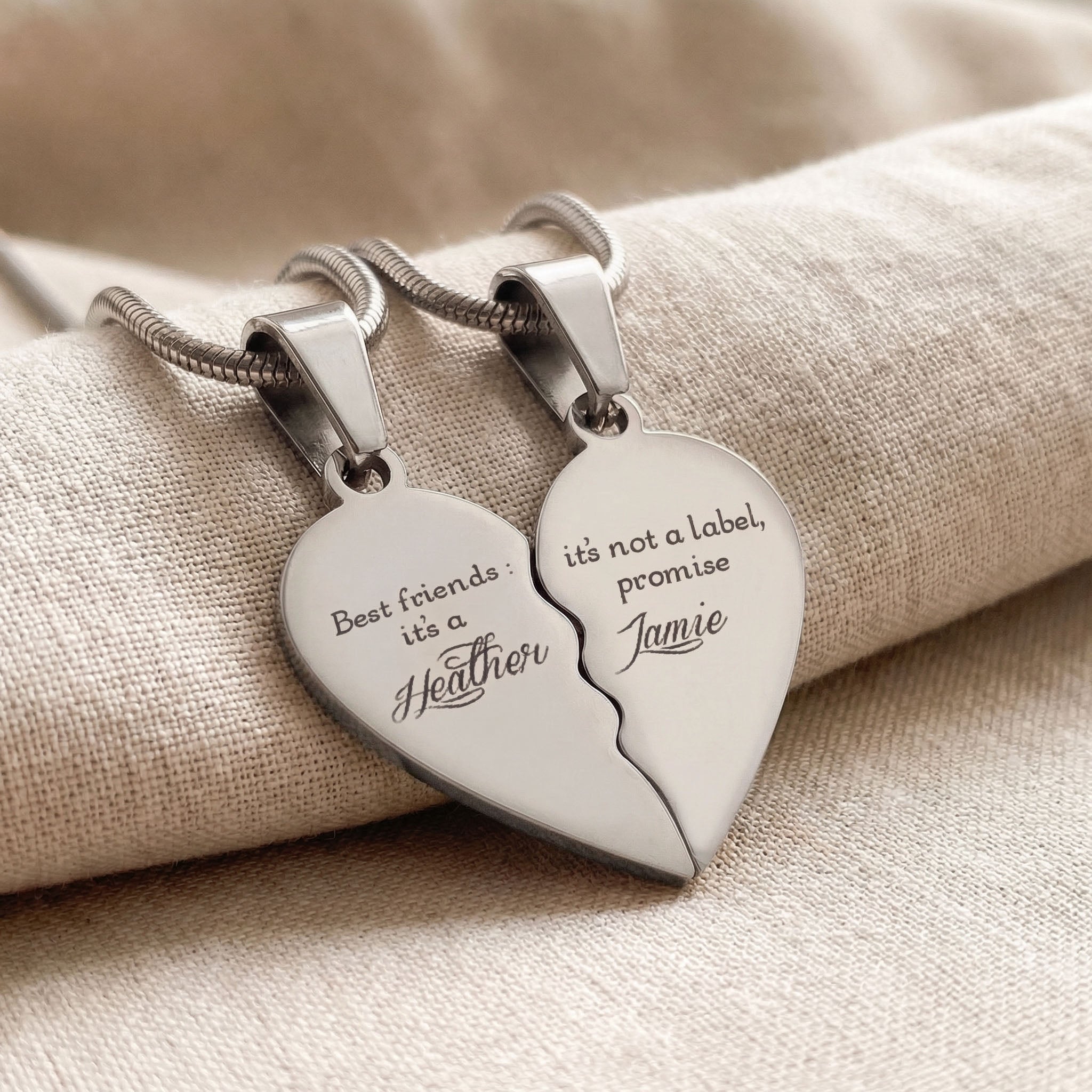 Double Heart Puzzle Necklace set in silver with engraved message, matching couple necklace