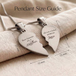 Double Heart Puzzle Necklace set size guide showing heart pendant dimensions and fit when joined together