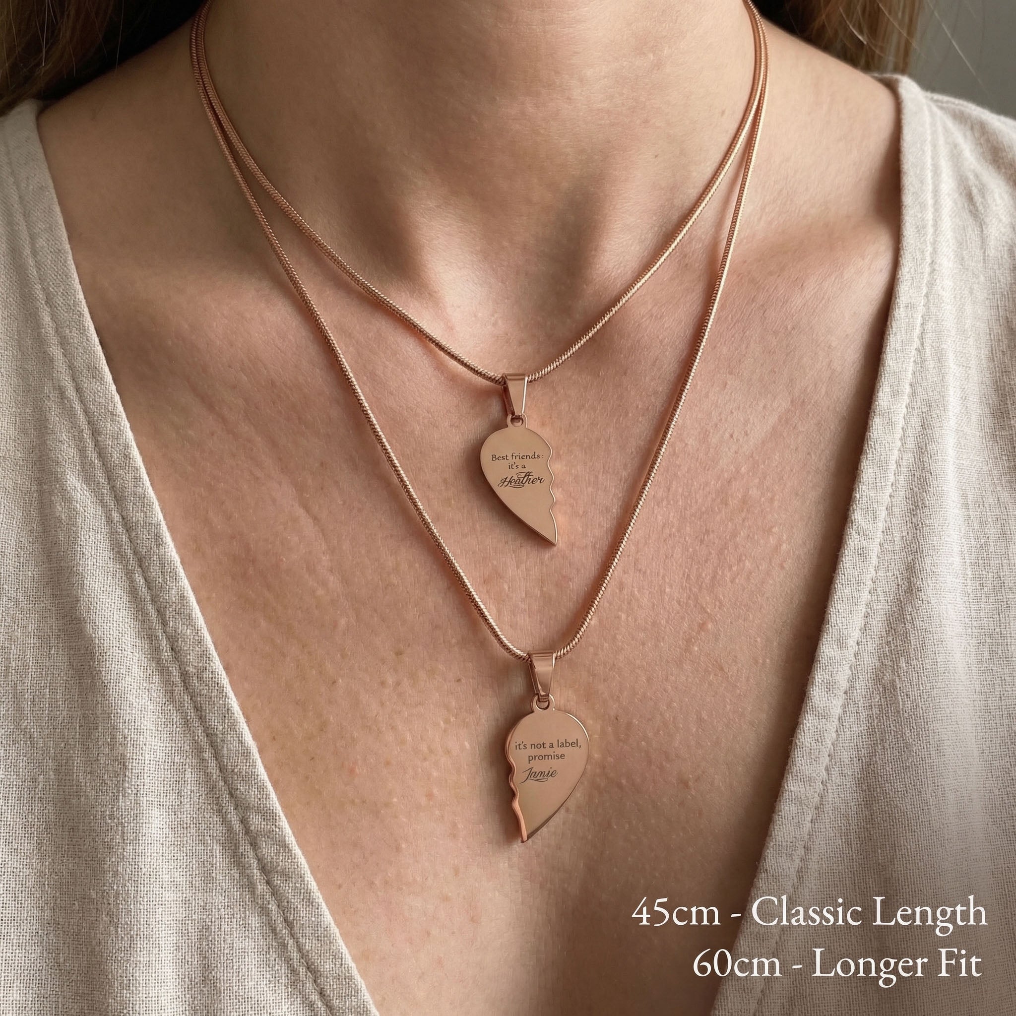 Double Heart Puzzle Necklace set worn showing chain length options for matching heart pendant styling