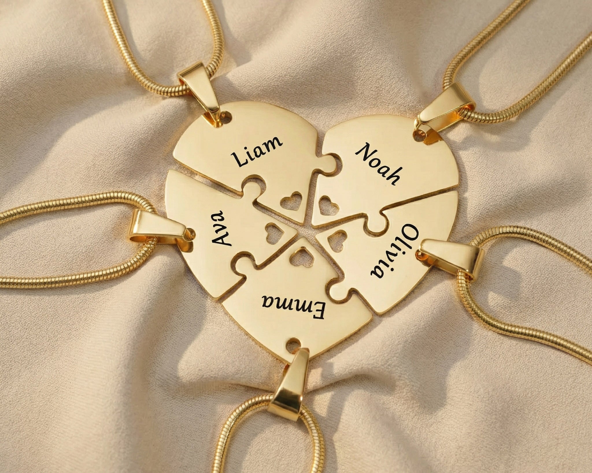 Heart Puzzle Necklace with five gold interlocking engraved pieces, matching set jewellery